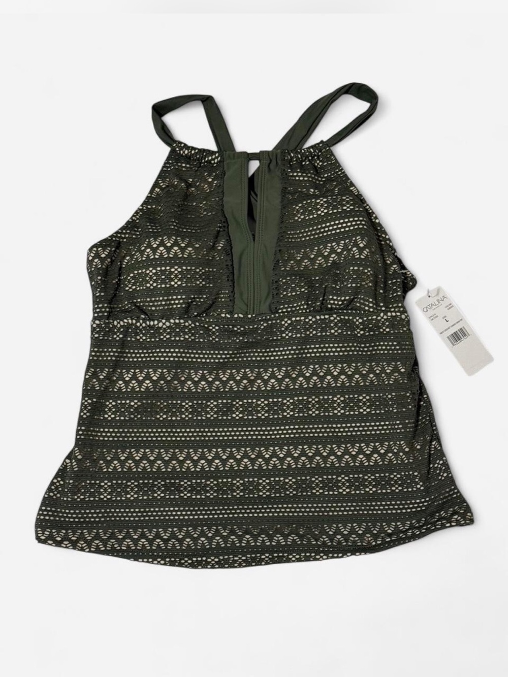 Catalina Olive Crochet Halter Tankini Swim Top - Size L